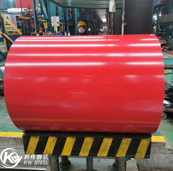 Red coated steel coil with KW Steel watermark