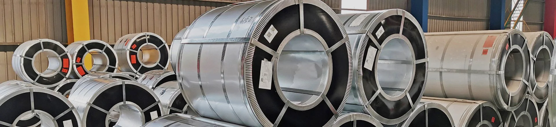 Steel coils with labels and packing bands